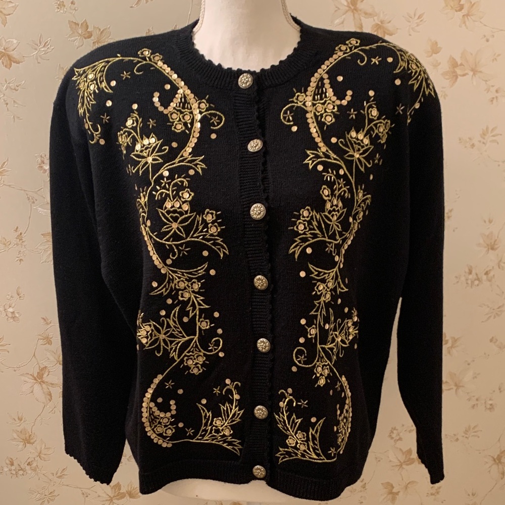 Liz Claiborne Black Cardigan with Gold Embellishments 2P